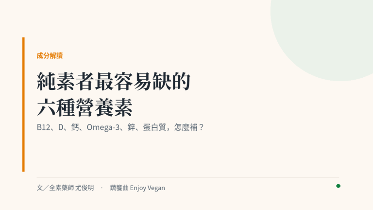 純素者六種關鍵營養素封面：B12、維生素 D、鈣、Omega-3、鋅、蛋白質