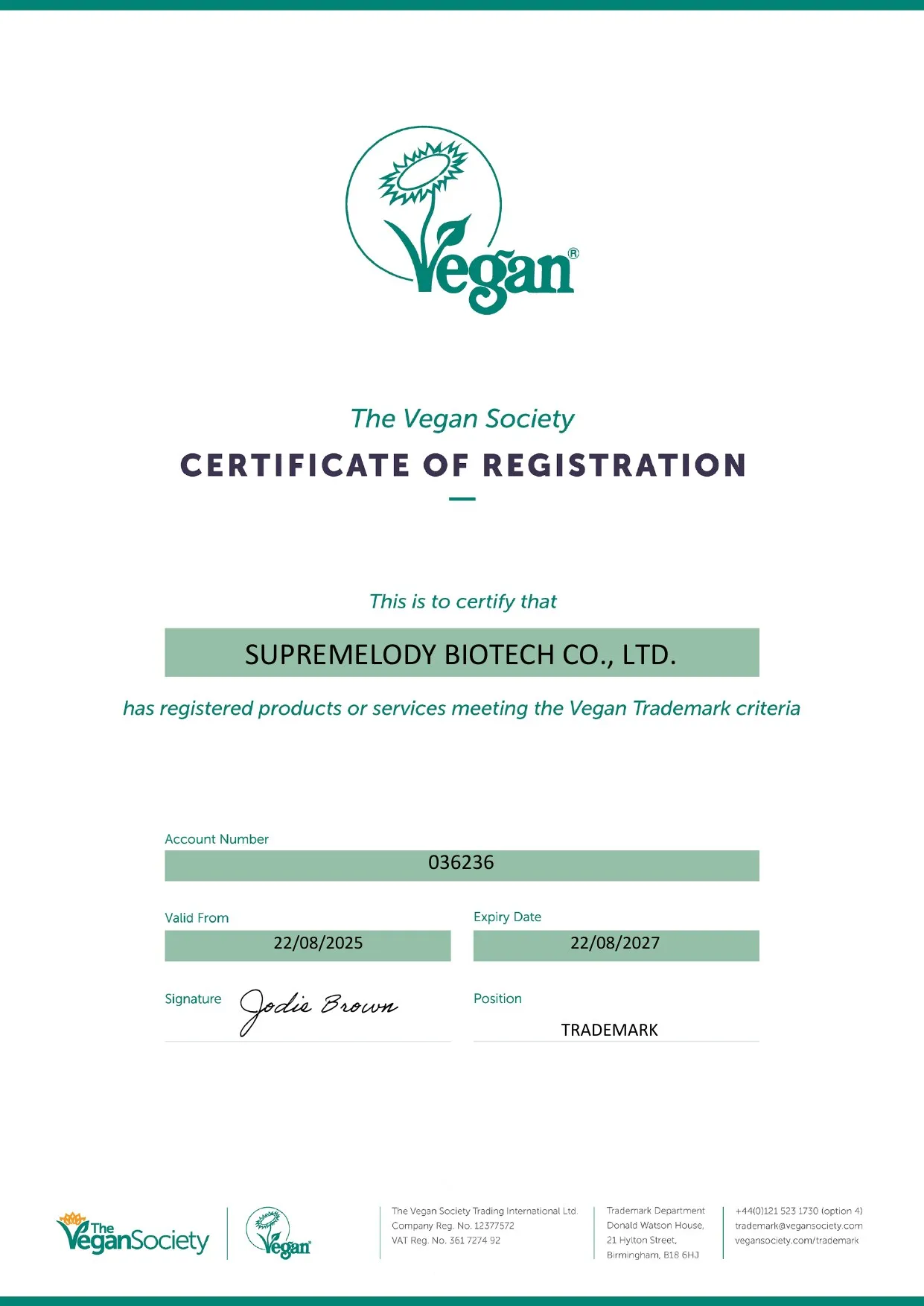 英國全素協會 Vegan Trademark 證書，登記公司 SUPREMELODY BIOTECH CO., LTD.，帳號 036236，有效期間 2025-08-22 至 2027-08-22